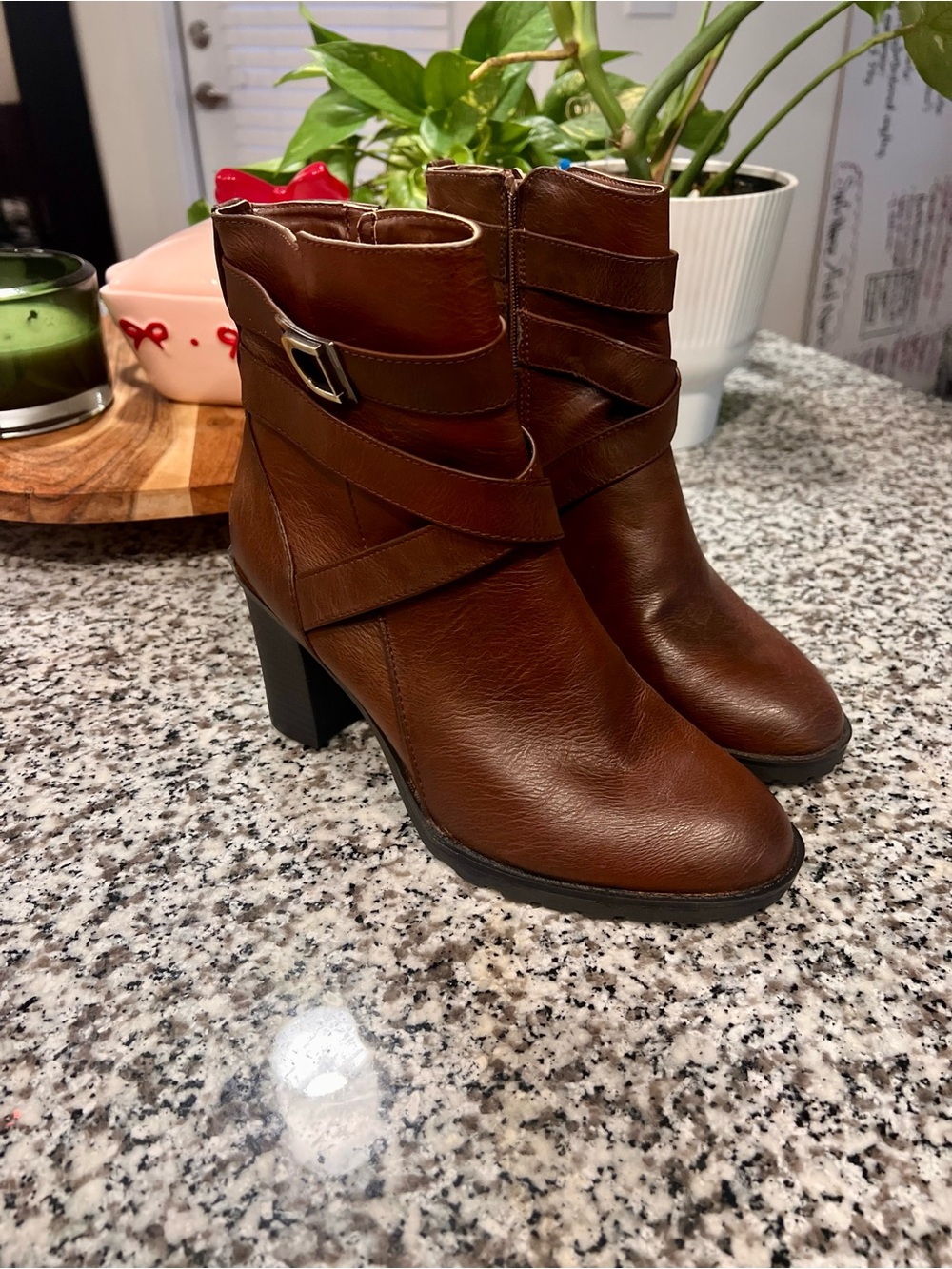 Life Stride Brown Leather Strapped Ankle Booties